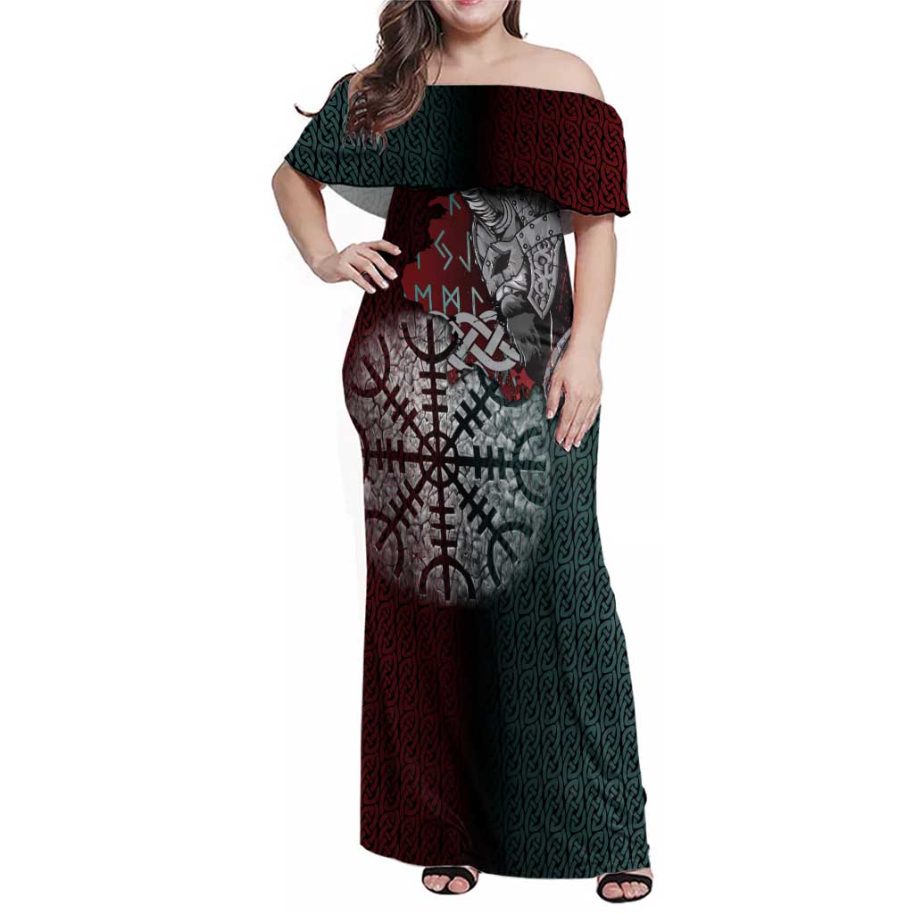 Viking Warrior Family Matching Off Shoulder Maxi Dress and Hawaiian Shirt with Runes and Blood Battle Scene Norse Valor Tribute - Wonder Print Shop