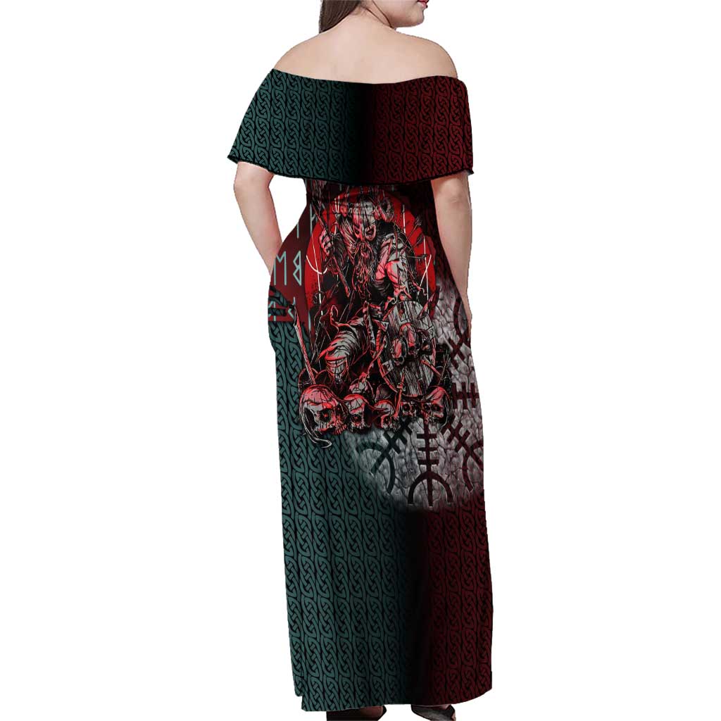 Viking Warrior Family Matching Off Shoulder Maxi Dress and Hawaiian Shirt with Runes and Blood Battle Scene Norse Valor Tribute - Wonder Print Shop