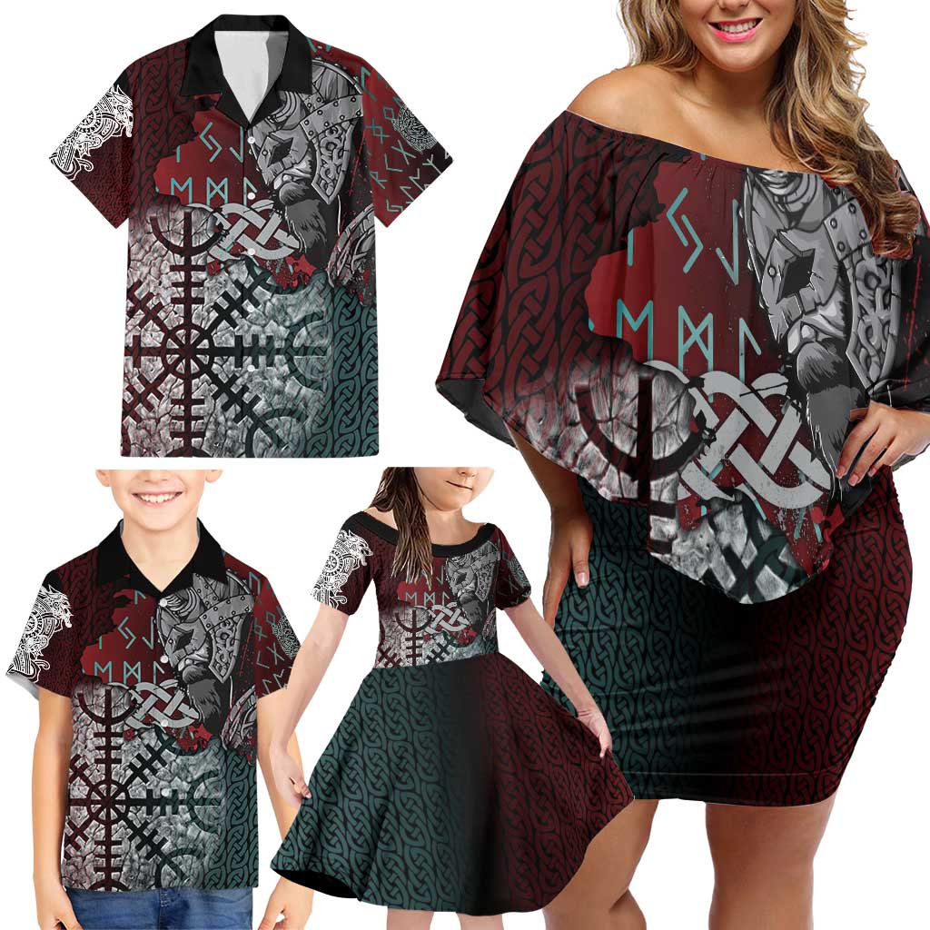 Viking Warrior Family Matching Off Shoulder Short Dress and Hawaiian Shirt with Runes and Blood Battle Scene Norse Valor Tribute - Wonder Print Shop