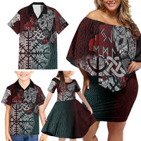Viking Warrior Family Matching Off Shoulder Short Dress and Hawaiian Shirt with Runes and Blood Battle Scene Norse Valor Tribute - Wonder Print Shop