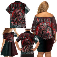 Viking Warrior Family Matching Off Shoulder Short Dress and Hawaiian Shirt with Runes and Blood Battle Scene Norse Valor Tribute - Wonder Print Shop