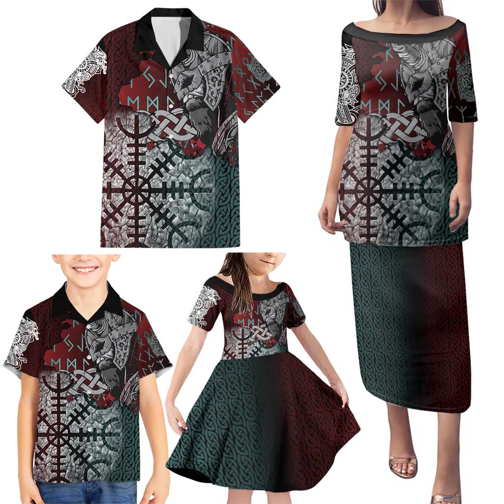 Viking Warrior Family Matching Puletasi and Hawaiian Shirt with Runes and Blood Battle Scene Norse Valor Tribute - Wonder Print Shop