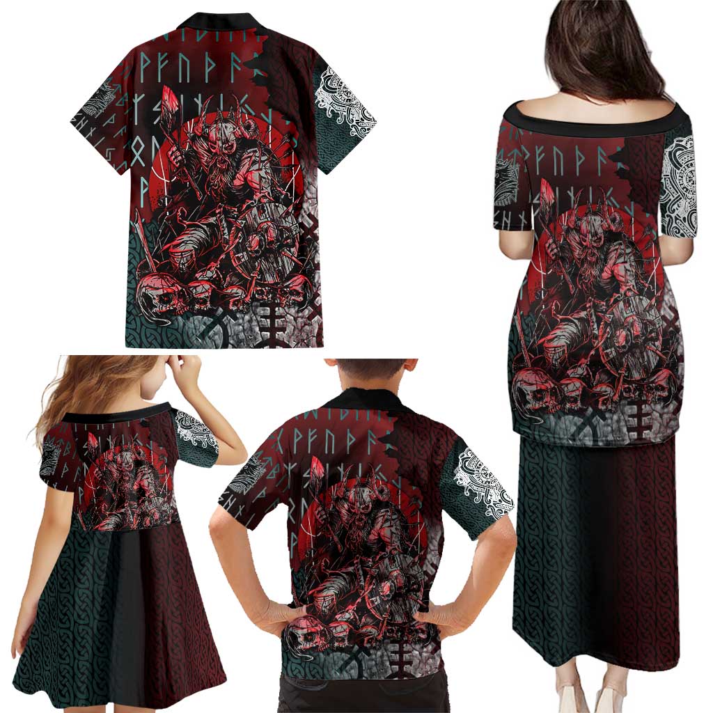 Viking Warrior Family Matching Puletasi and Hawaiian Shirt with Runes and Blood Battle Scene Norse Valor Tribute - Wonder Print Shop