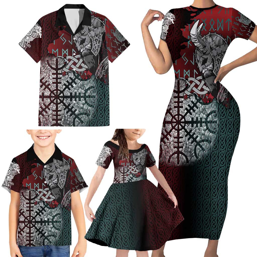 Viking Warrior Family Matching Short Sleeve Bodycon Dress and Hawaiian Shirt with Runes and Blood Battle Scene Norse Valor Tribute - Wonder Print Shop