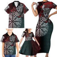 Viking Warrior Family Matching Short Sleeve Bodycon Dress and Hawaiian Shirt with Runes and Blood Battle Scene Norse Valor Tribute - Wonder Print Shop