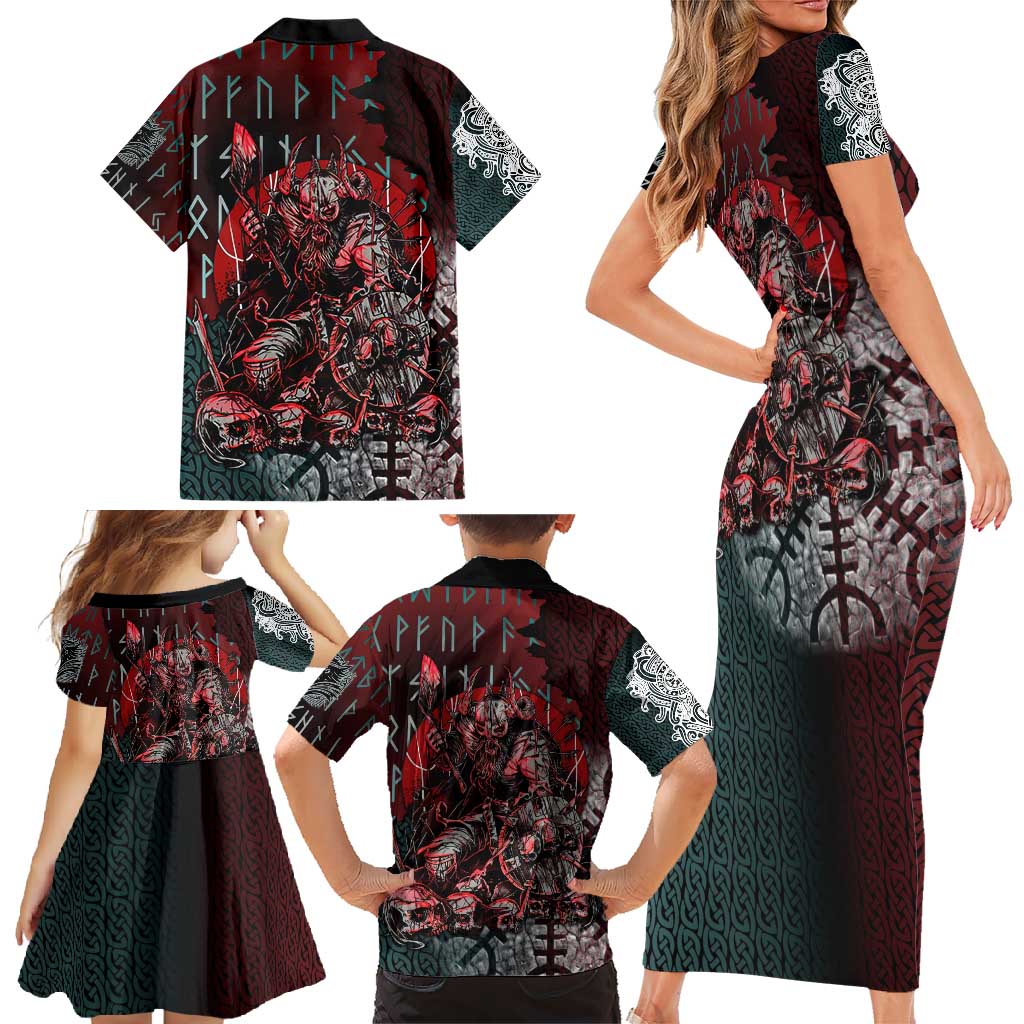 Viking Warrior Family Matching Short Sleeve Bodycon Dress and Hawaiian Shirt with Runes and Blood Battle Scene Norse Valor Tribute - Wonder Print Shop
