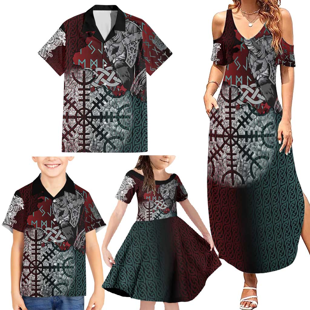 Viking Warrior Family Matching Summer Maxi Dress and Hawaiian Shirt with Runes and Blood Battle Scene Norse Valor Tribute - Wonder Print Shop