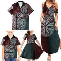 Viking Warrior Family Matching Summer Maxi Dress and Hawaiian Shirt with Runes and Blood Battle Scene Norse Valor Tribute - Wonder Print Shop