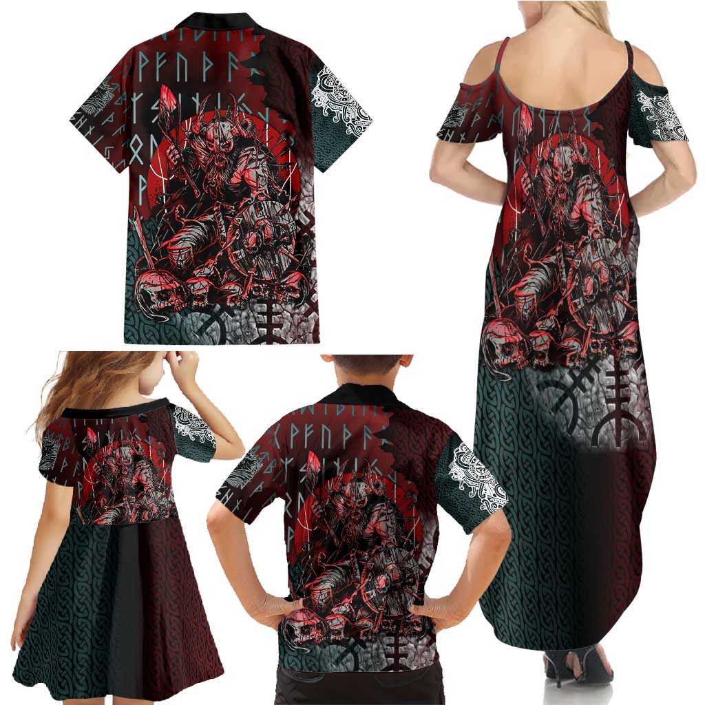 Viking Warrior Family Matching Summer Maxi Dress and Hawaiian Shirt with Runes and Blood Battle Scene Norse Valor Tribute - Wonder Print Shop