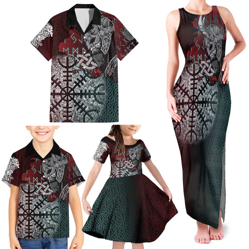 Viking Warrior Family Matching Tank Maxi Dress and Hawaiian Shirt with Runes and Blood Battle Scene Norse Valor Tribute - Wonder Print Shop