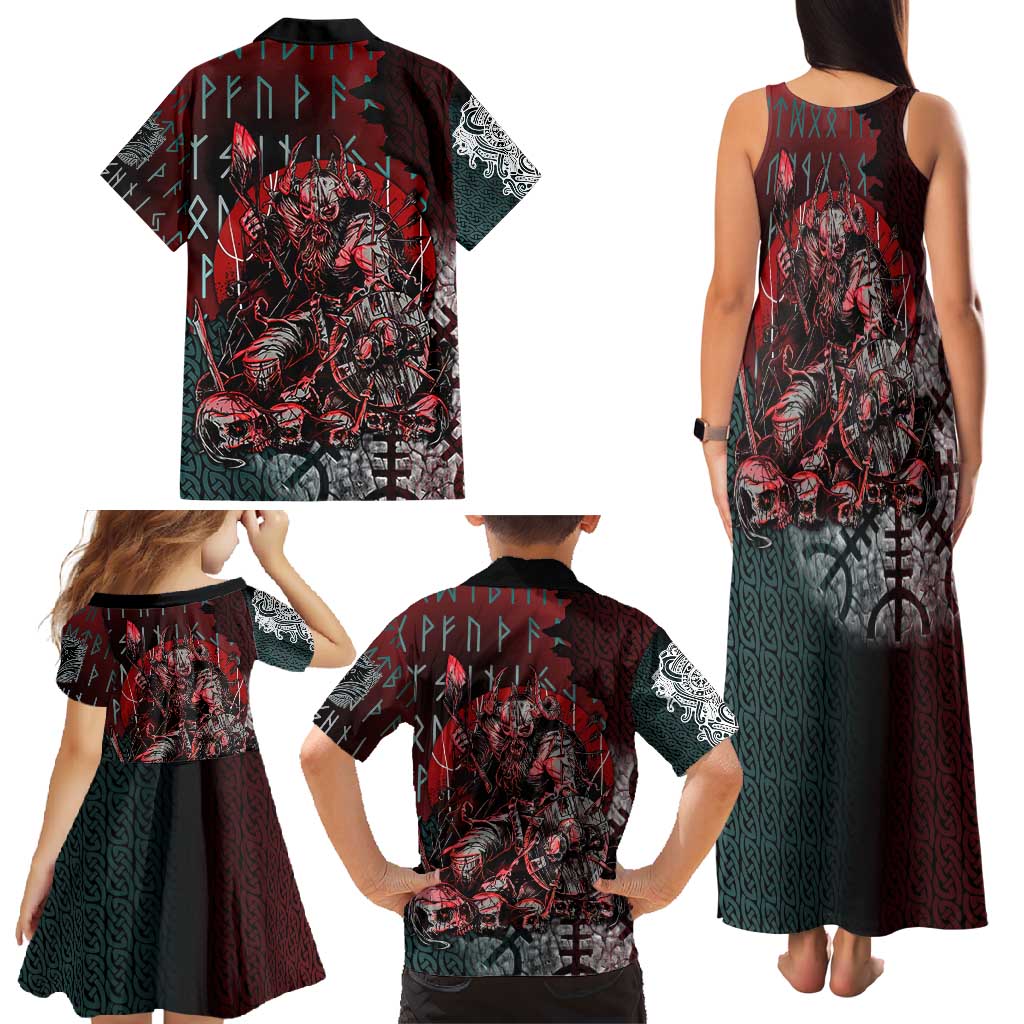 Viking Warrior Family Matching Tank Maxi Dress and Hawaiian Shirt with Runes and Blood Battle Scene Norse Valor Tribute - Wonder Print Shop