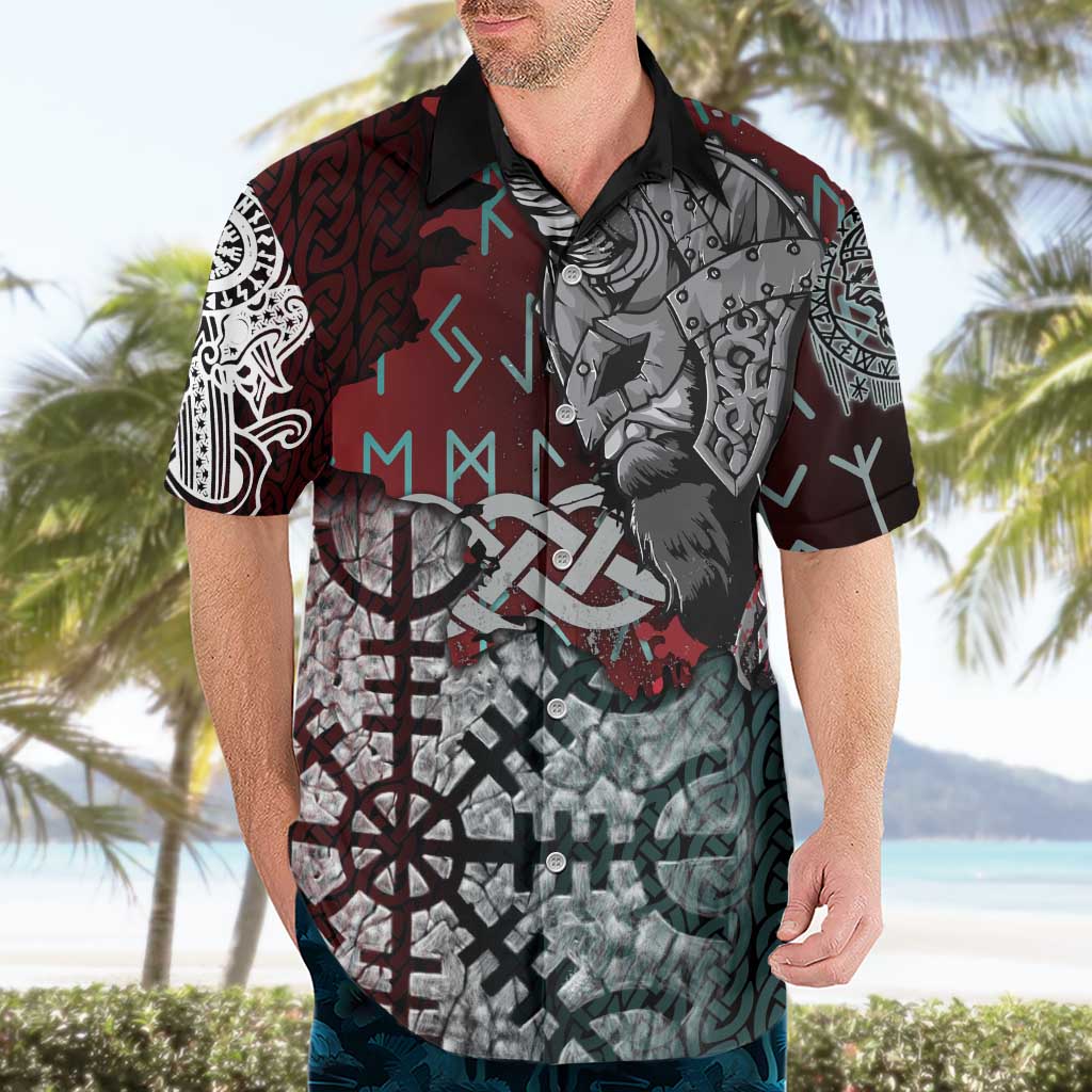 Viking Warrior Hawaiian Shirt with Runes and Blood Battle Scene Norse Valor Tribute - Wonder Print Shop