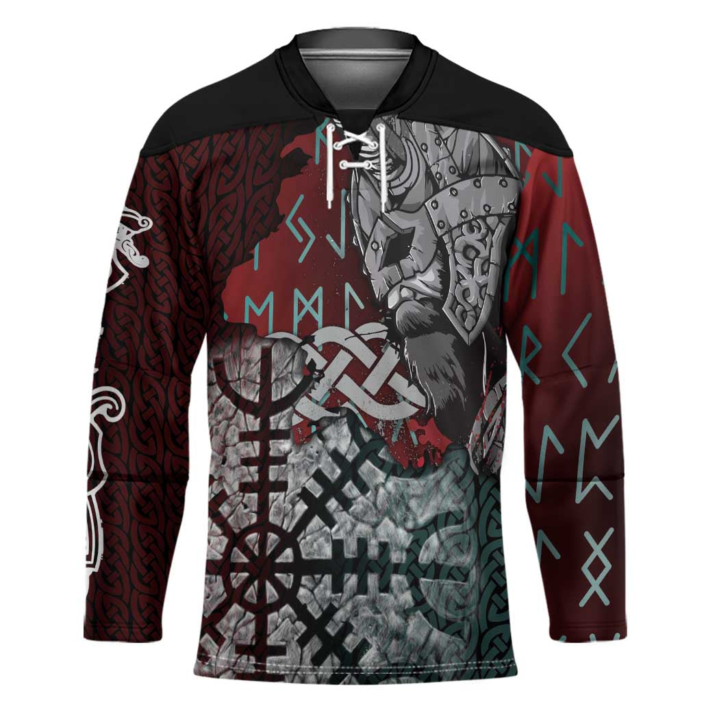 Viking Warrior Hockey Jersey with Runes and Blood Battle Scene Norse Valor Tribute - Wonder Print Shop