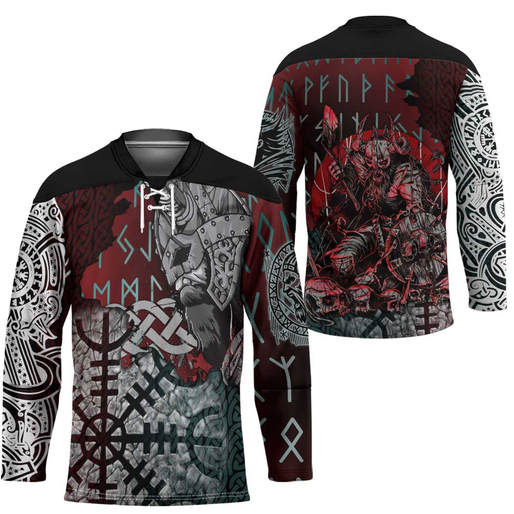 Viking Warrior Hockey Jersey with Runes and Blood Battle Scene Norse Valor Tribute - Wonder Print Shop