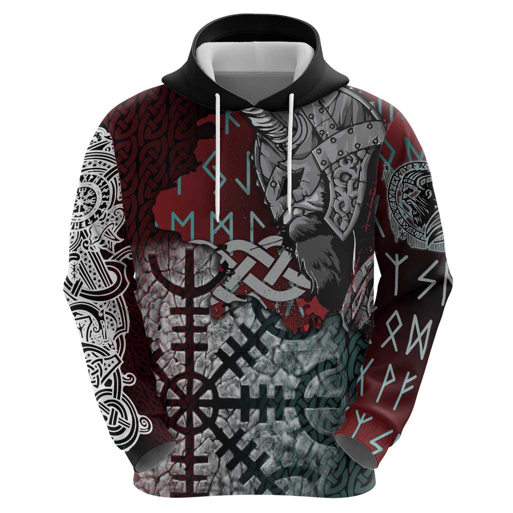 Viking Warrior Hoodie with Runes and Blood Battle Scene Norse Valor Tribute - Wonder Print Shop