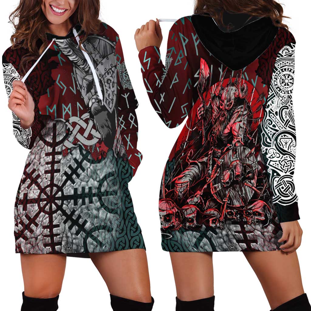 Viking Warrior Hoodie Dress with Runes and Blood Battle Scene Norse Valor Tribute - Wonder Print Shop