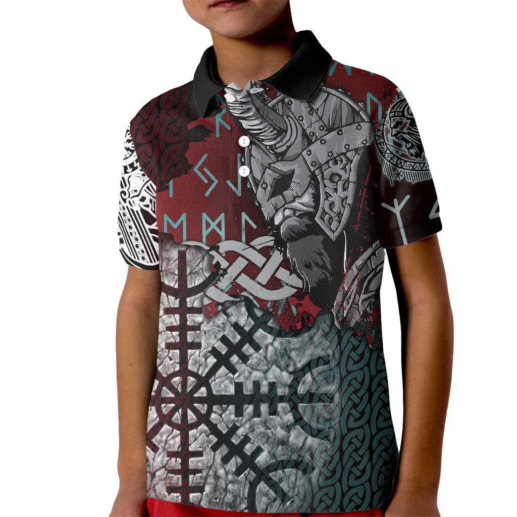 Viking Warrior Kid Polo Shirt with Runes and Blood Battle Scene Norse Valor Tribute - Wonder Print Shop
