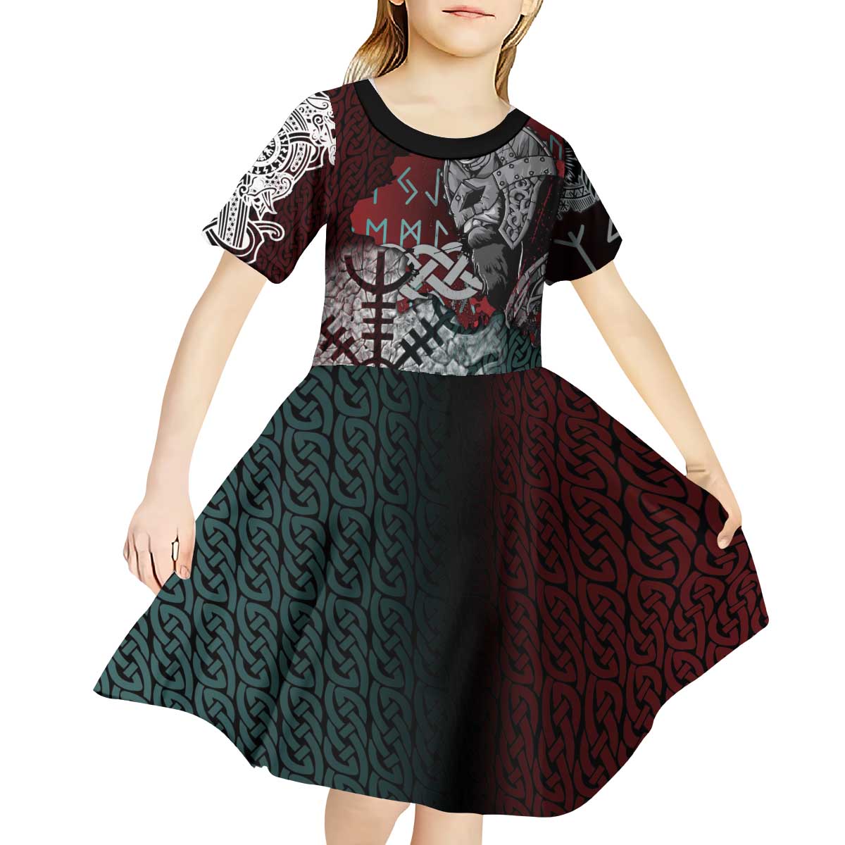 Viking Warrior Kid Short Sleeve Dress with Runes and Blood Battle Scene Norse Valor Tribute - Wonder Print Shop