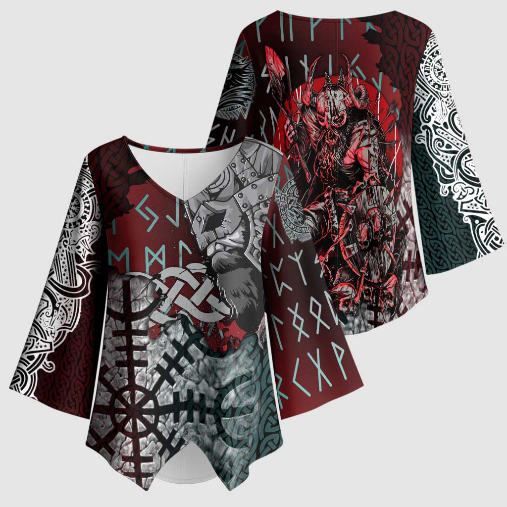 Viking Warrior Kimono Sleeve Blouse with Runes and Blood Battle Scene Norse Valor Tribute - Wonder Print Shop