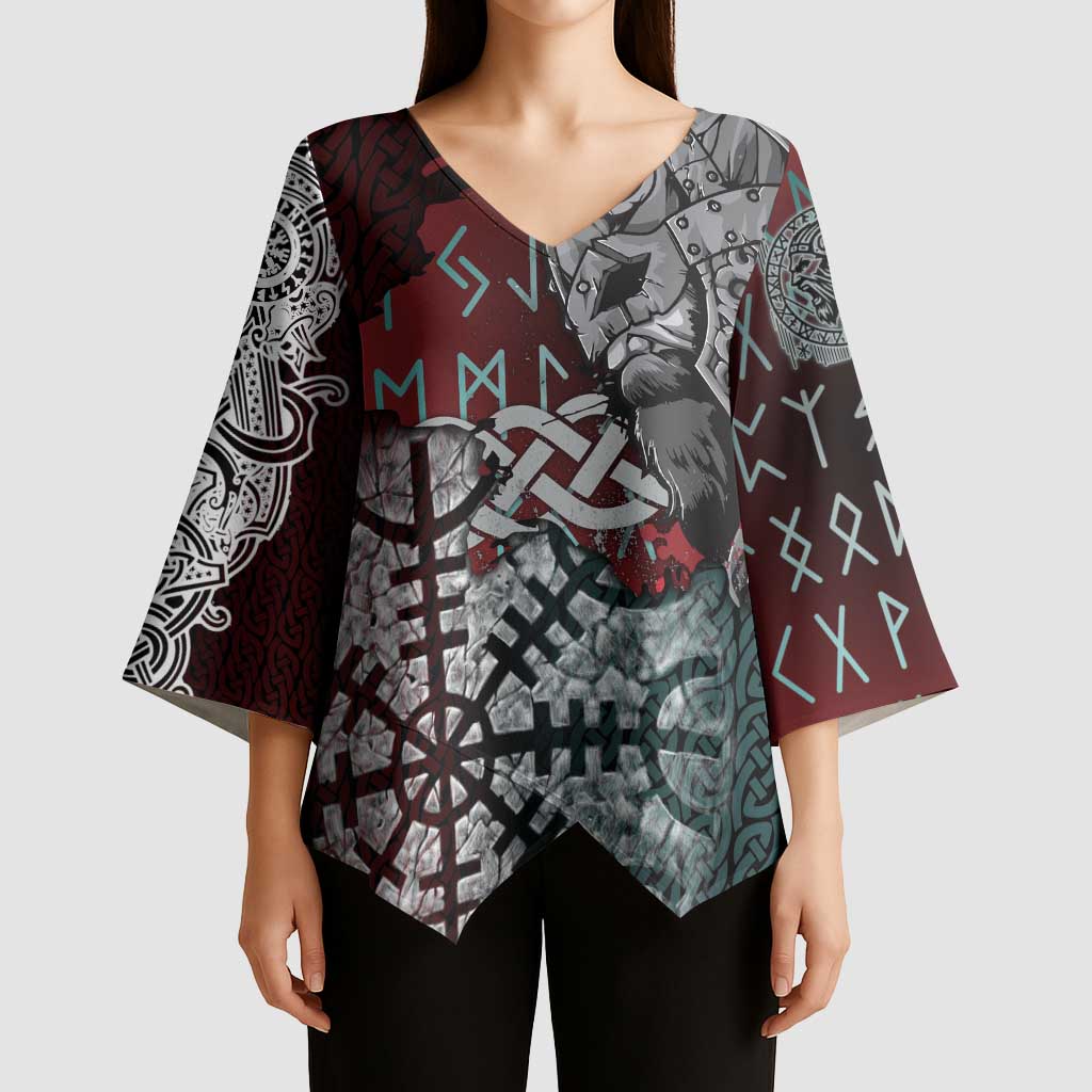 Viking Warrior Kimono Sleeve Blouse with Runes and Blood Battle Scene Norse Valor Tribute - Wonder Print Shop