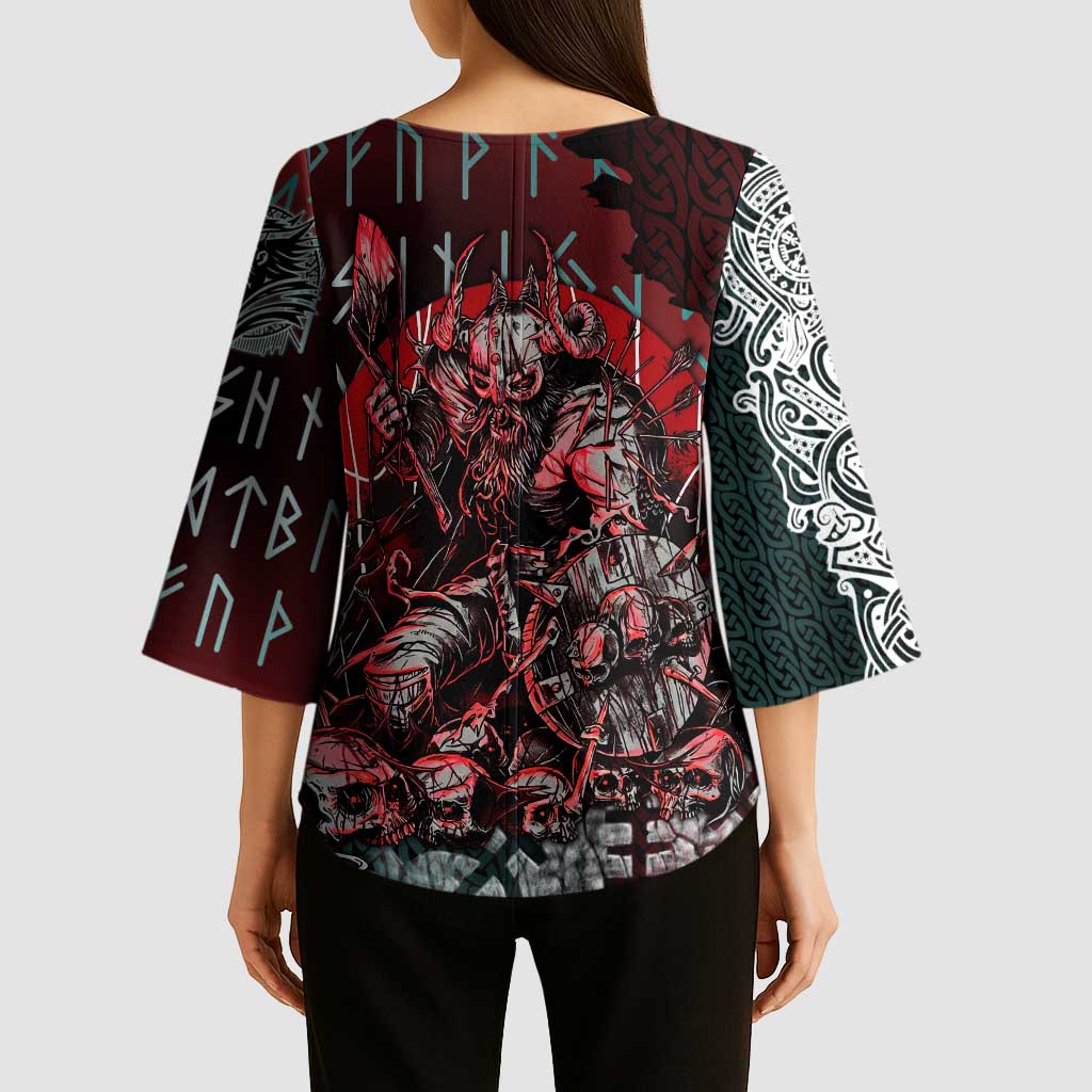 Viking Warrior Kimono Sleeve Blouse with Runes and Blood Battle Scene Norse Valor Tribute - Wonder Print Shop