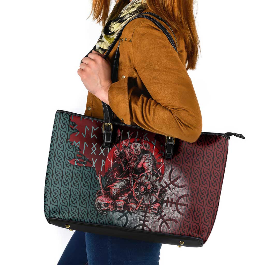 Viking Warrior Leather Tote Bag with Runes and Blood Battle Scene Norse Valor Tribute - Wonder Print Shop