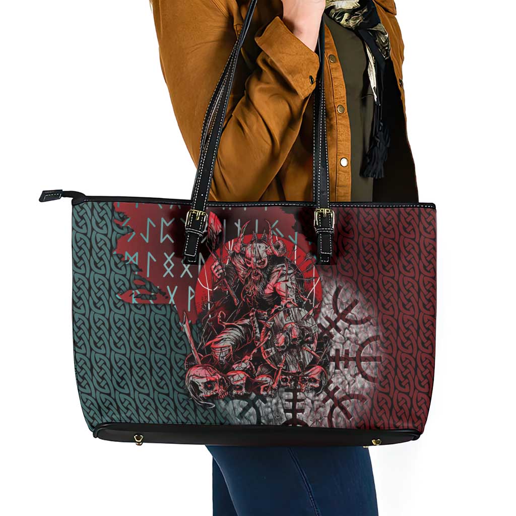 Viking Warrior Leather Tote Bag with Runes and Blood Battle Scene Norse Valor Tribute - Wonder Print Shop