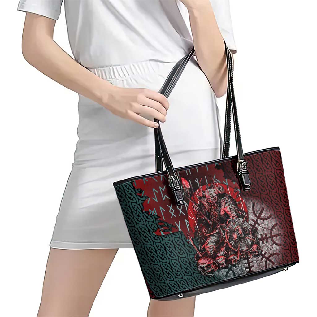 Viking Warrior Leather Tote Bag with Runes and Blood Battle Scene Norse Valor Tribute - Wonder Print Shop