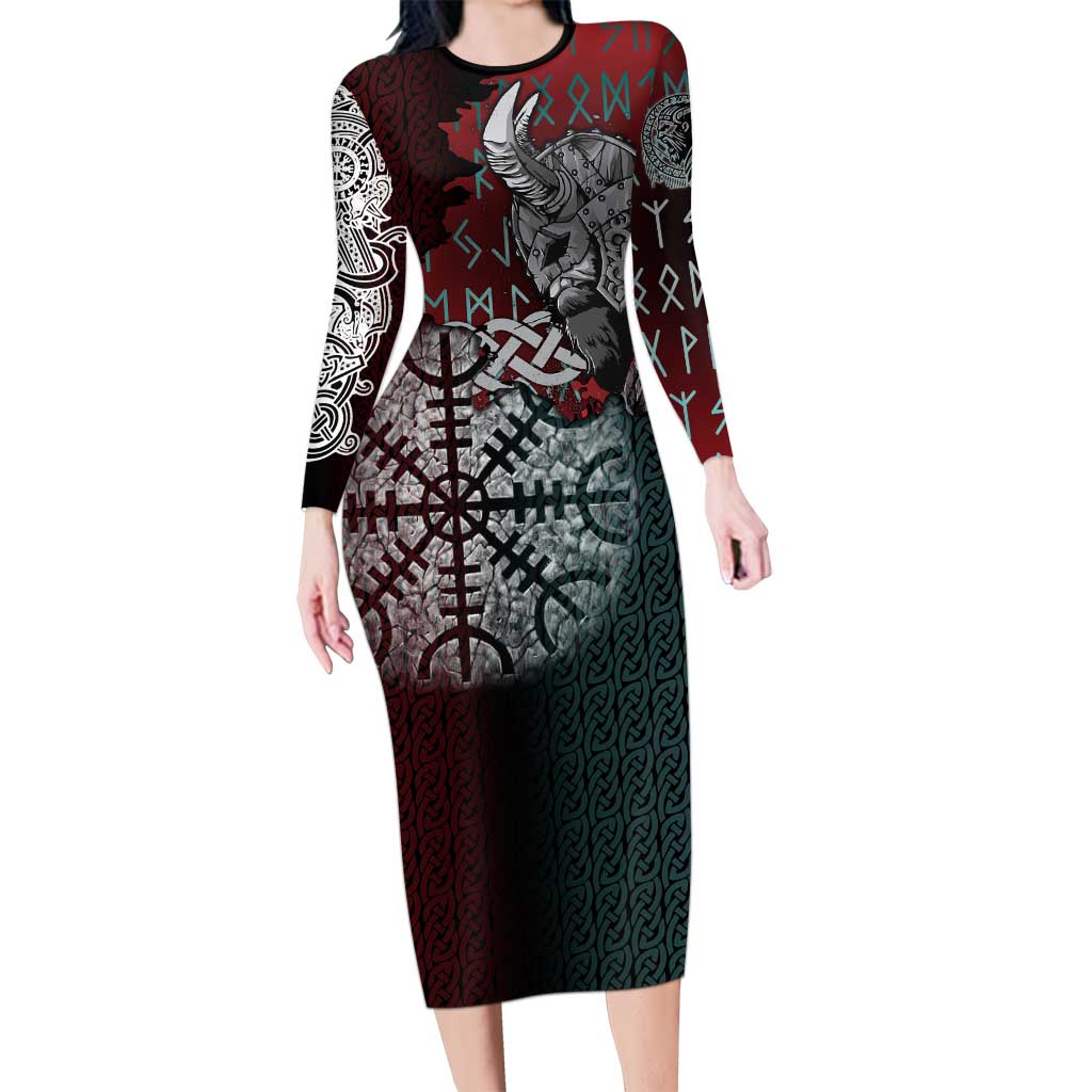Viking Warrior Long Sleeve Bodycon Dress with Runes and Blood Battle Scene Norse Valor Tribute - Wonder Print Shop