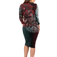 Viking Warrior Long Sleeve Bodycon Dress with Runes and Blood Battle Scene Norse Valor Tribute - Wonder Print Shop