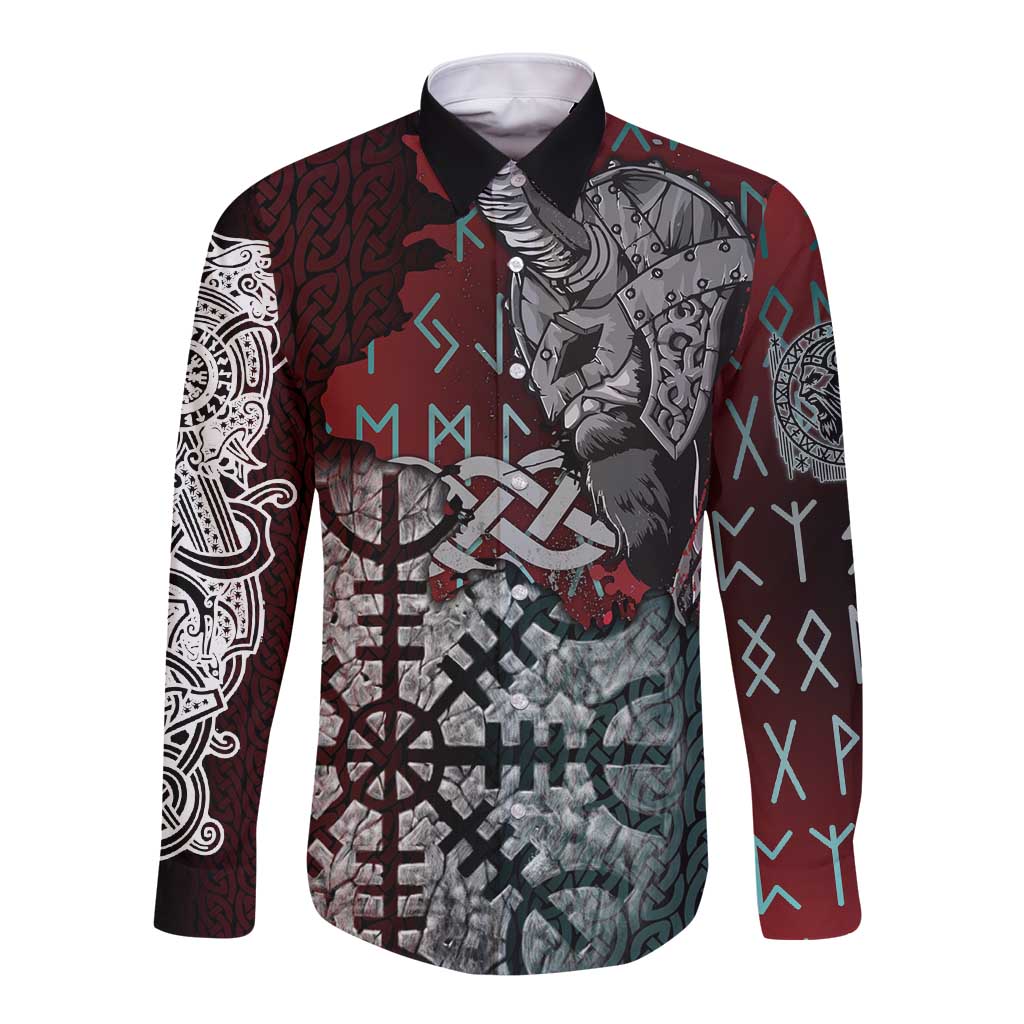 Viking Warrior Long Sleeve Button Shirt with Runes and Blood Battle Scene Norse Valor Tribute - Wonder Print Shop