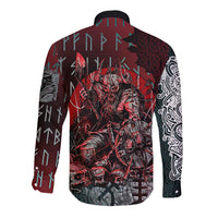 Viking Warrior Long Sleeve Button Shirt with Runes and Blood Battle Scene Norse Valor Tribute - Wonder Print Shop