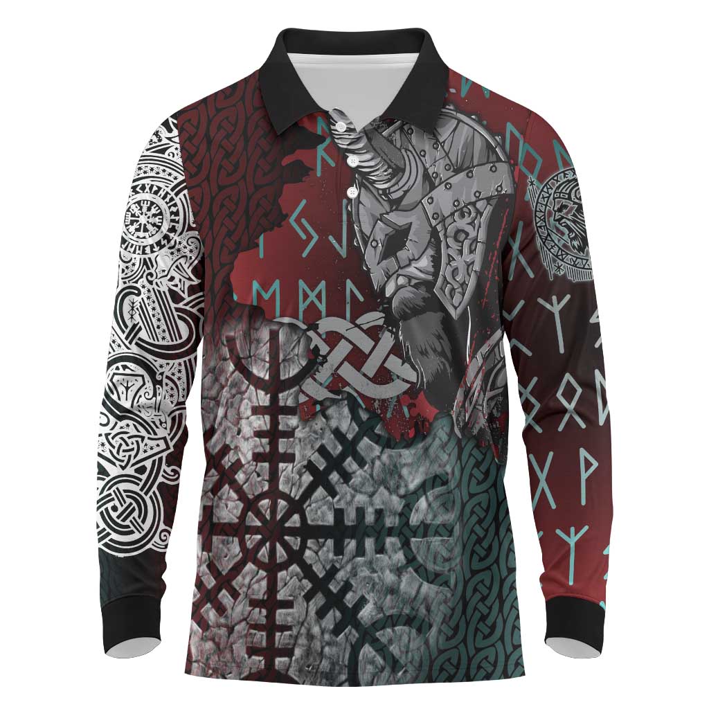 Viking Warrior Long Sleeve Polo Shirt with Runes and Blood Battle Scene Norse Valor Tribute - Wonder Print Shop