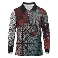 Viking Warrior Long Sleeve Polo Shirt with Runes and Blood Battle Scene Norse Valor Tribute - Wonder Print Shop