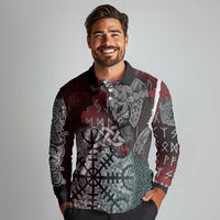 Viking Warrior Long Sleeve Polo Shirt with Runes and Blood Battle Scene Norse Valor Tribute - Wonder Print Shop