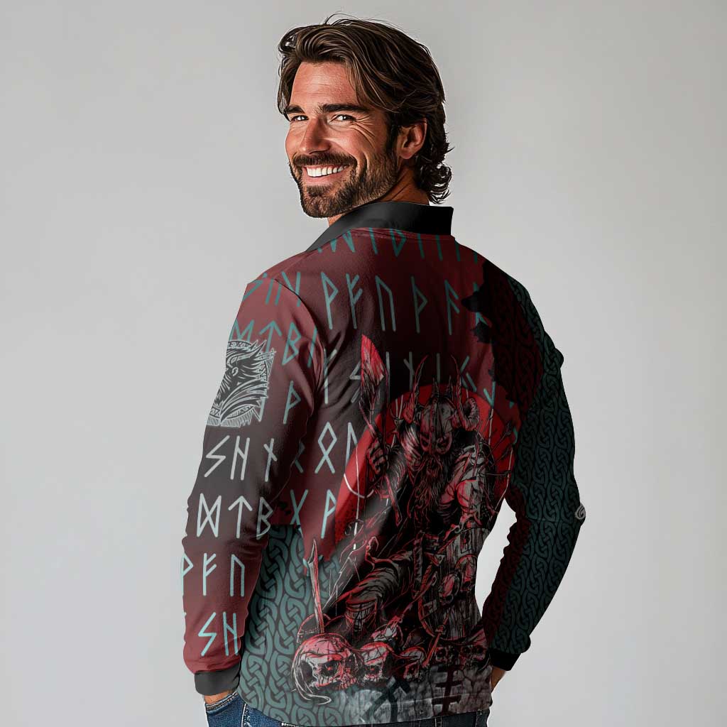 Viking Warrior Long Sleeve Polo Shirt with Runes and Blood Battle Scene Norse Valor Tribute - Wonder Print Shop