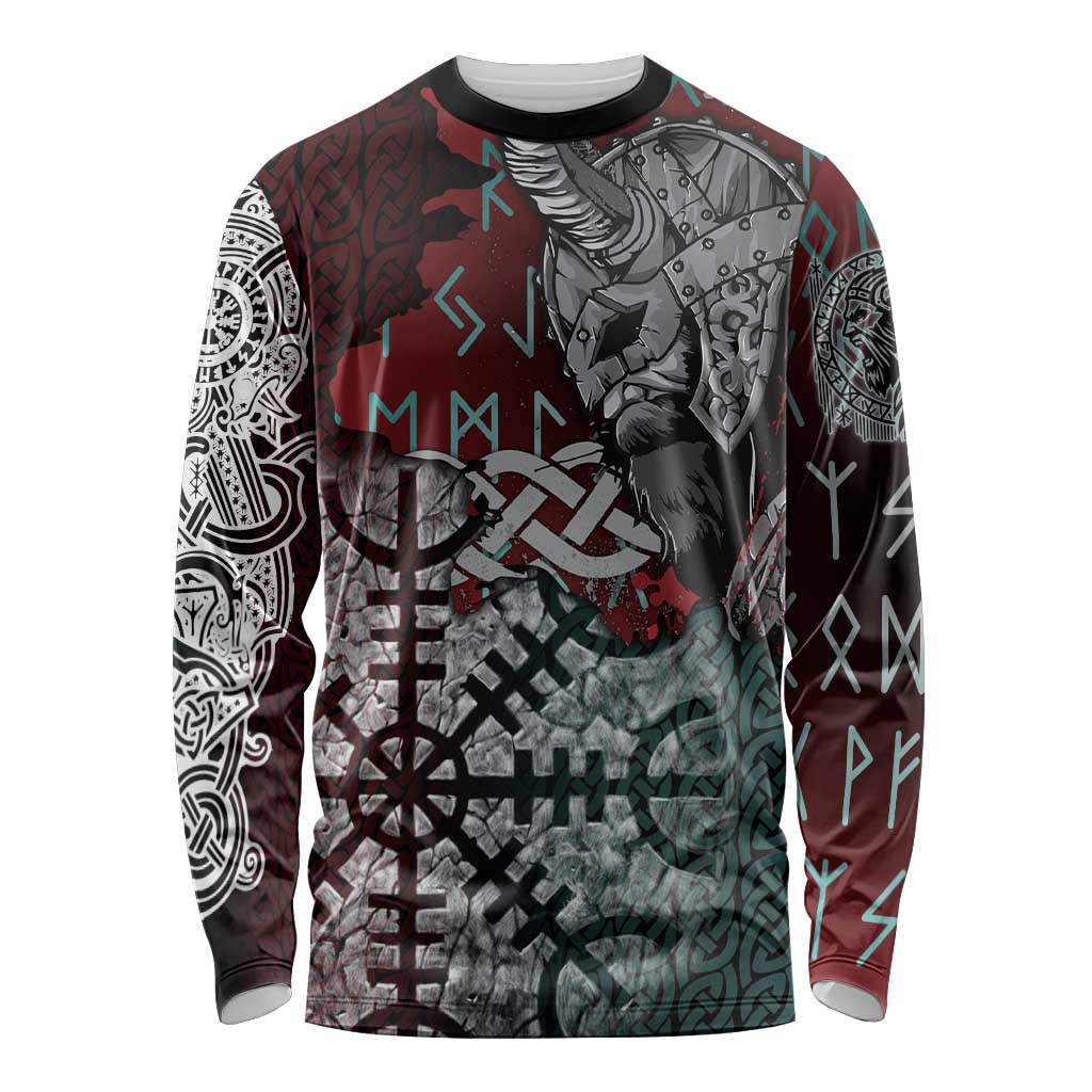 Viking Warrior Long Sleeve Shirt with Runes and Blood Battle Scene Norse Valor Tribute - Wonder Print Shop
