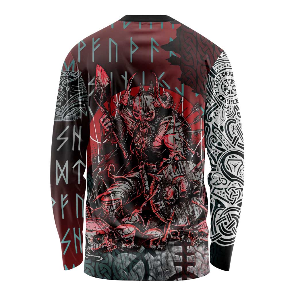 Viking Warrior Long Sleeve Shirt with Runes and Blood Battle Scene Norse Valor Tribute - Wonder Print Shop