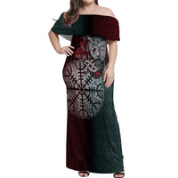Viking Warrior Off Shoulder Maxi Dress with Runes and Blood Battle Scene Norse Valor Tribute - Wonder Print Shop