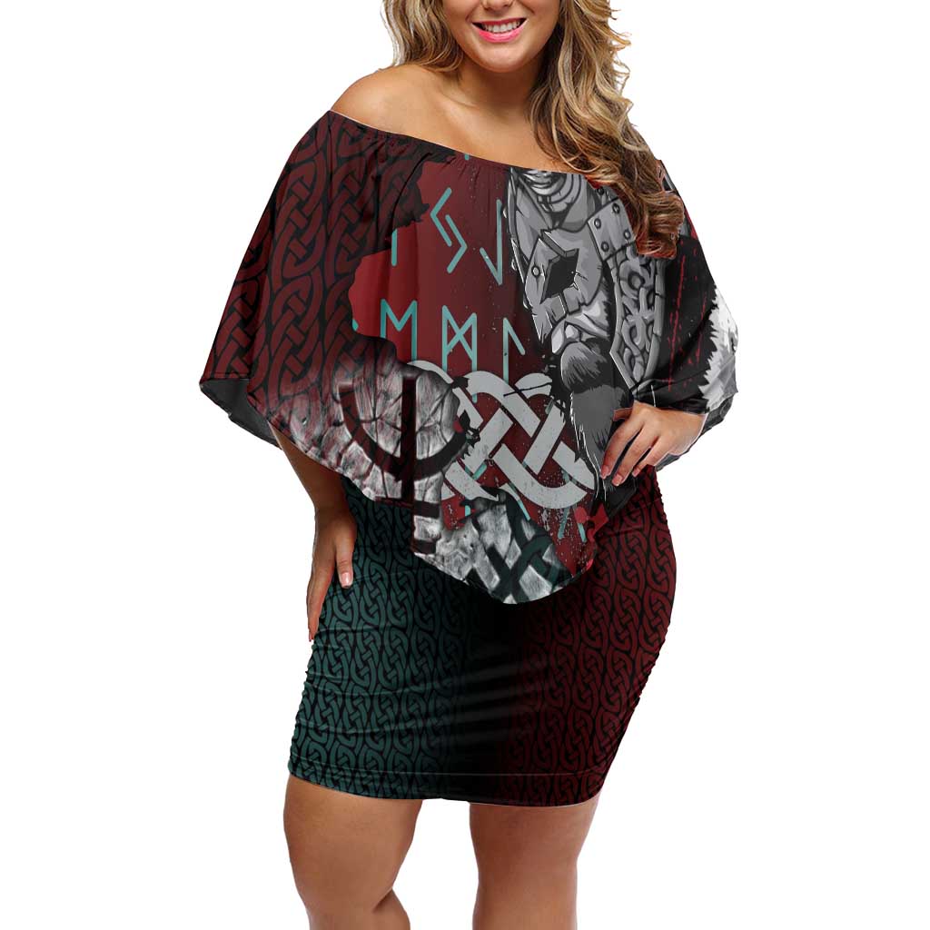 Viking Warrior Off Shoulder Short Dress with Runes and Blood Battle Scene Norse Valor Tribute - Wonder Print Shop