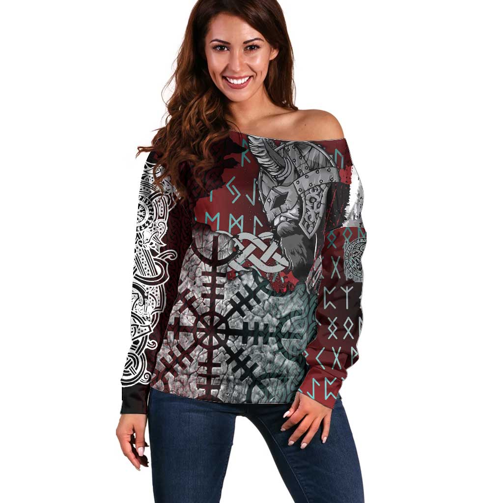 Viking Warrior Off Shoulder Sweater with Runes and Blood Battle Scene Norse Valor Tribute - Wonder Print Shop