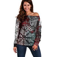 Viking Warrior Off Shoulder Sweater with Runes and Blood Battle Scene Norse Valor Tribute - Wonder Print Shop