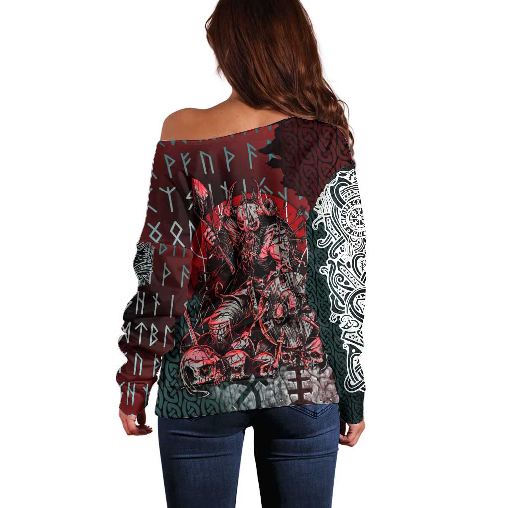 Viking Warrior Off Shoulder Sweater with Runes and Blood Battle Scene Norse Valor Tribute - Wonder Print Shop