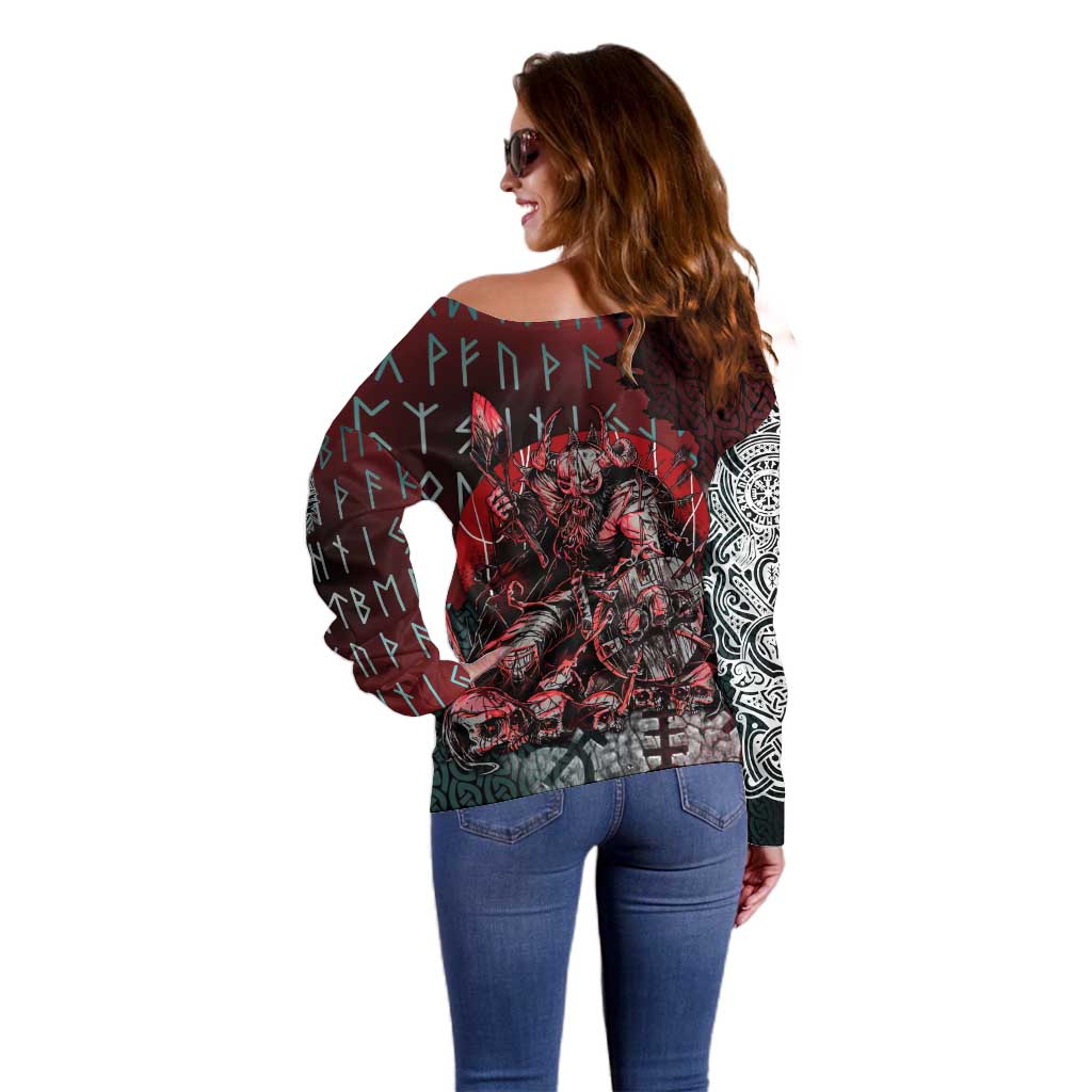 Viking Warrior Off Shoulder Sweater with Runes and Blood Battle Scene Norse Valor Tribute - Wonder Print Shop