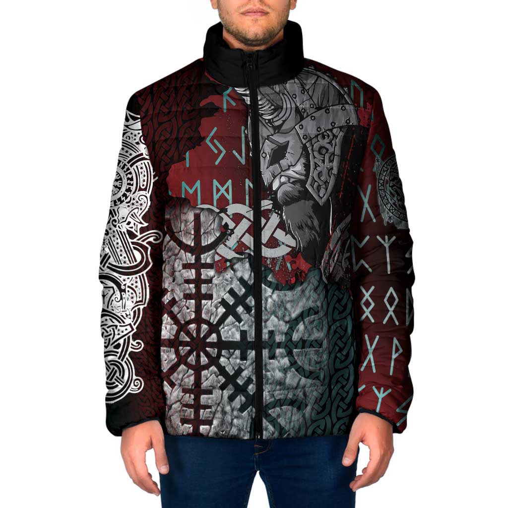 Viking Warrior Padded Jacket with Runes and Blood Battle Scene Norse Valor Tribute - Wonder Print Shop
