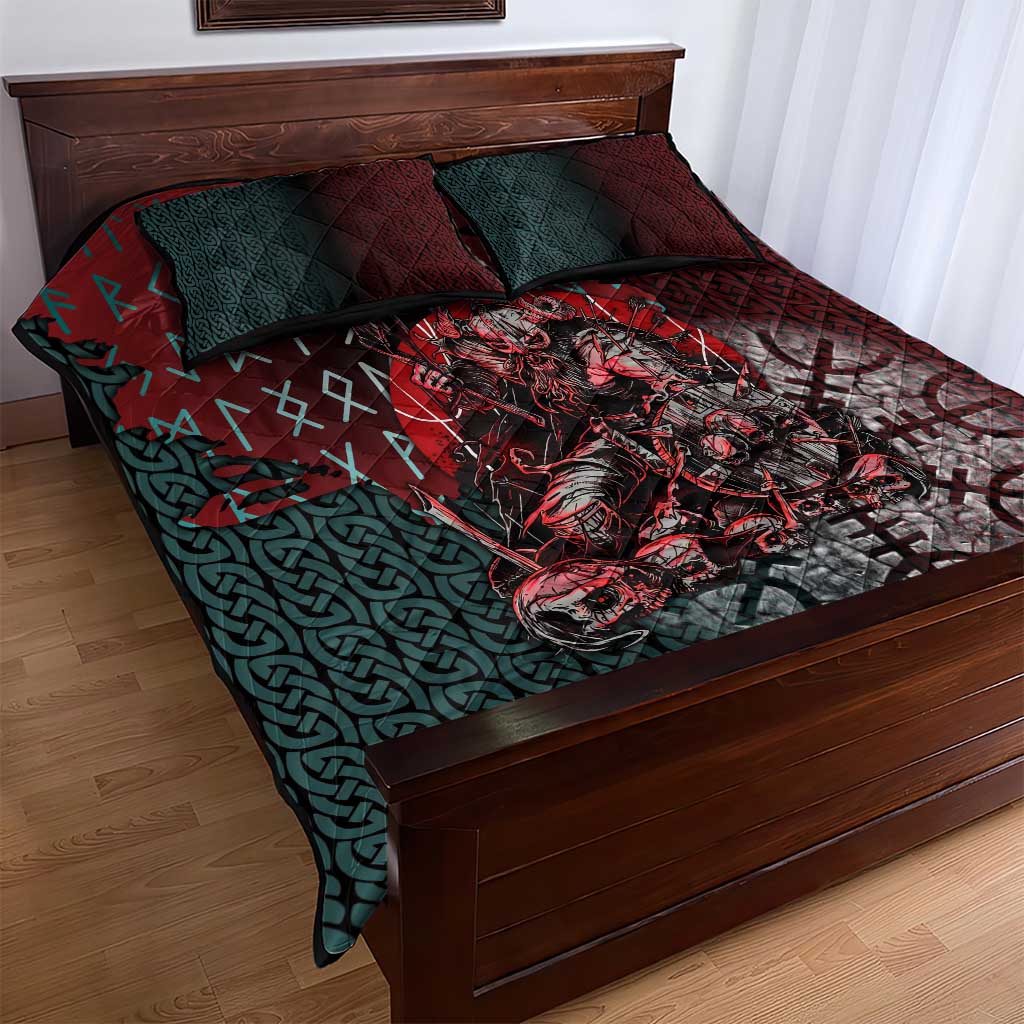 Viking Warrior Quilt Bed Set with Runes and Blood Battle Scene Norse Valor Tribute - Wonder Print Shop