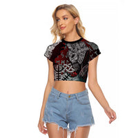 Viking Warrior Raglan Cropped T Shirt with Runes and Blood Battle Scene Norse Valor Tribute - Wonder Print Shop