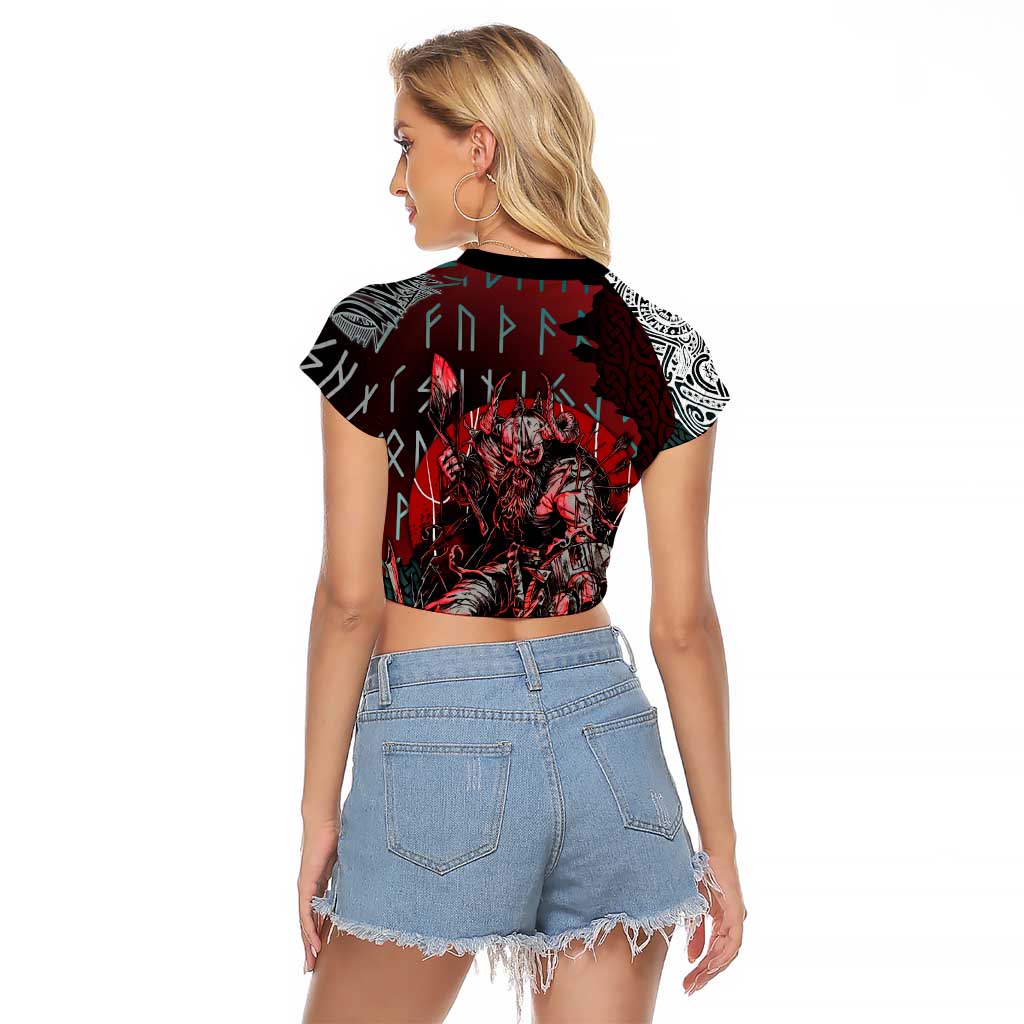 Viking Warrior Raglan Cropped T Shirt with Runes and Blood Battle Scene Norse Valor Tribute - Wonder Print Shop