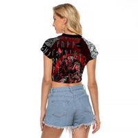 Viking Warrior Raglan Cropped T Shirt with Runes and Blood Battle Scene Norse Valor Tribute - Wonder Print Shop
