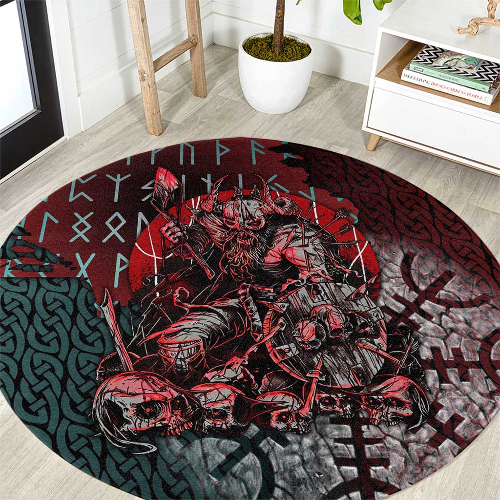 Viking Warrior Round Carpet with Runes and Blood Battle Scene Norse Valor Tribute - Wonder Print Shop